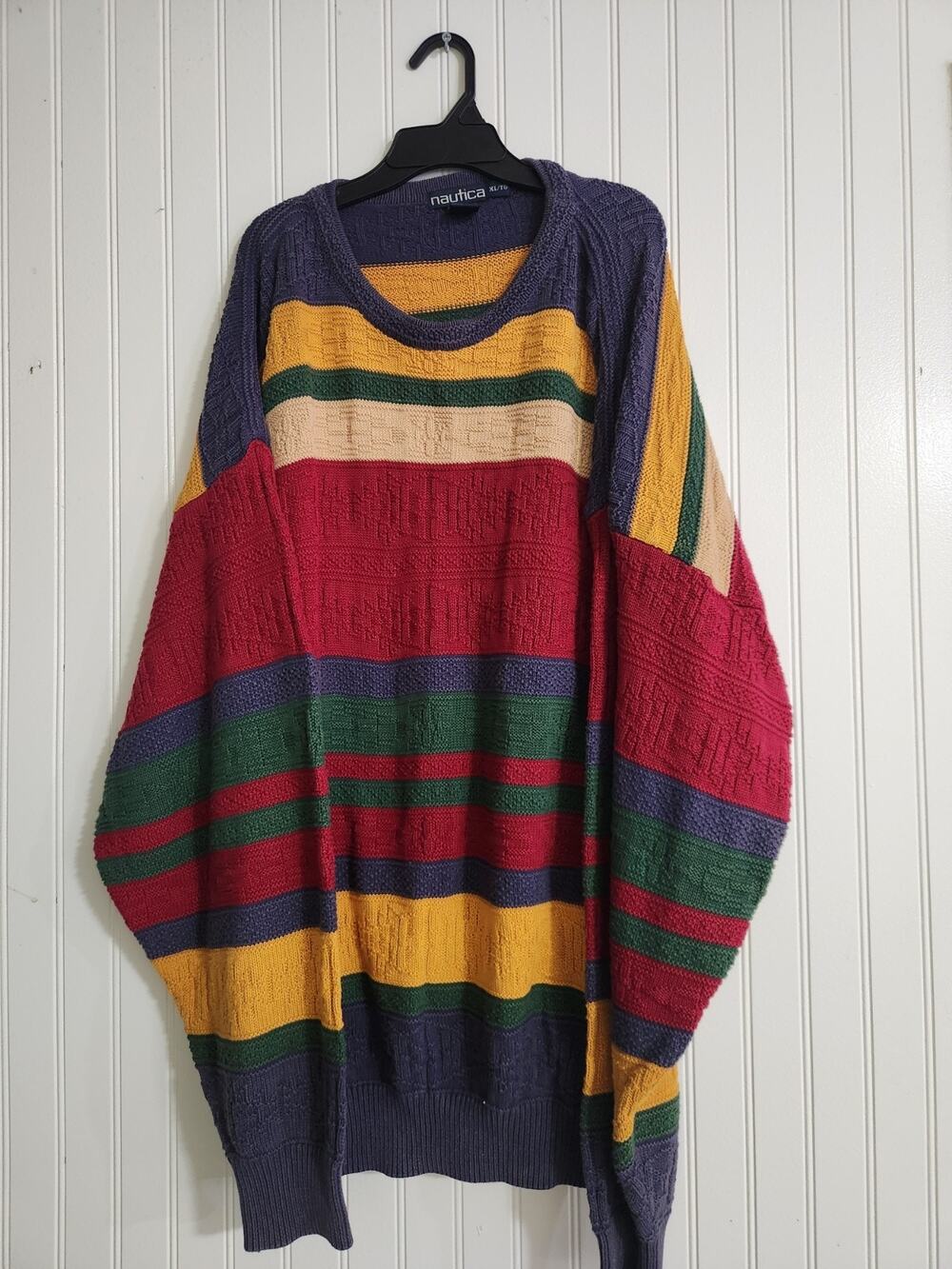 Nautica Men's Sweater 100% Cotton Multicolor XL/TG 90s Vintage Colorblock